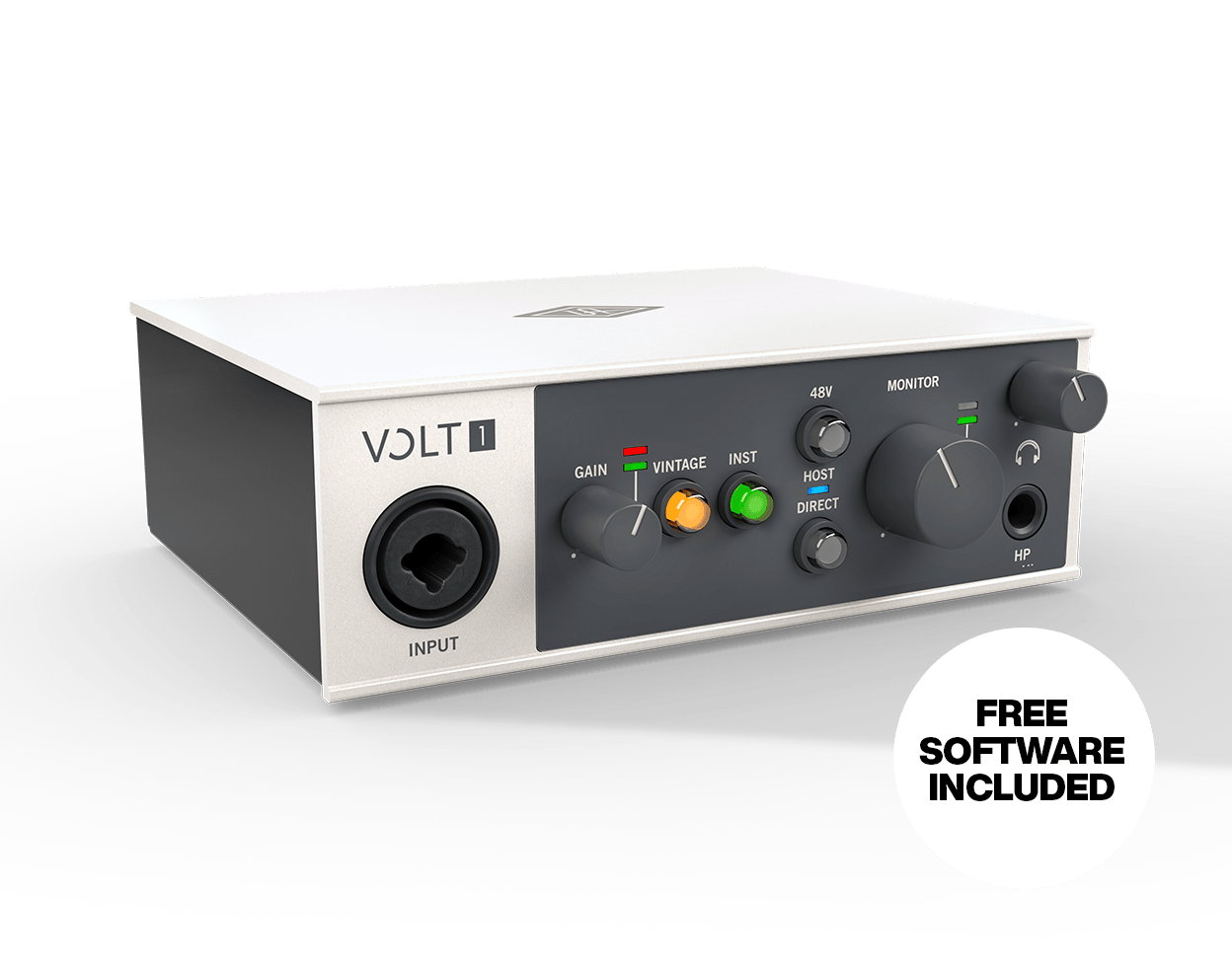 Universal Audio Volt 1 USB audio interface shown at an angle, with Gain, Vintage Mic Preamp Mode, Instrument switch, 48V, and Monitor controls visible on the front panel.