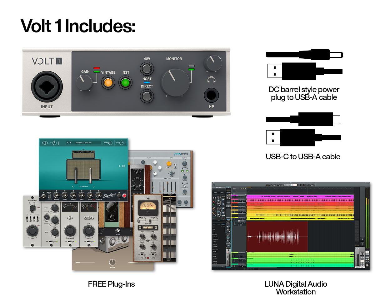 Volt 1 audio interface with its included LUNA DAW and free UAD plug-ins including Showtime '64 Tube Amp, Century Tube Channel Strip, PolyMAX Synth, Pure Plate Reverb, and Vibe Analog Machines Essentials, plus included USB and power cables.