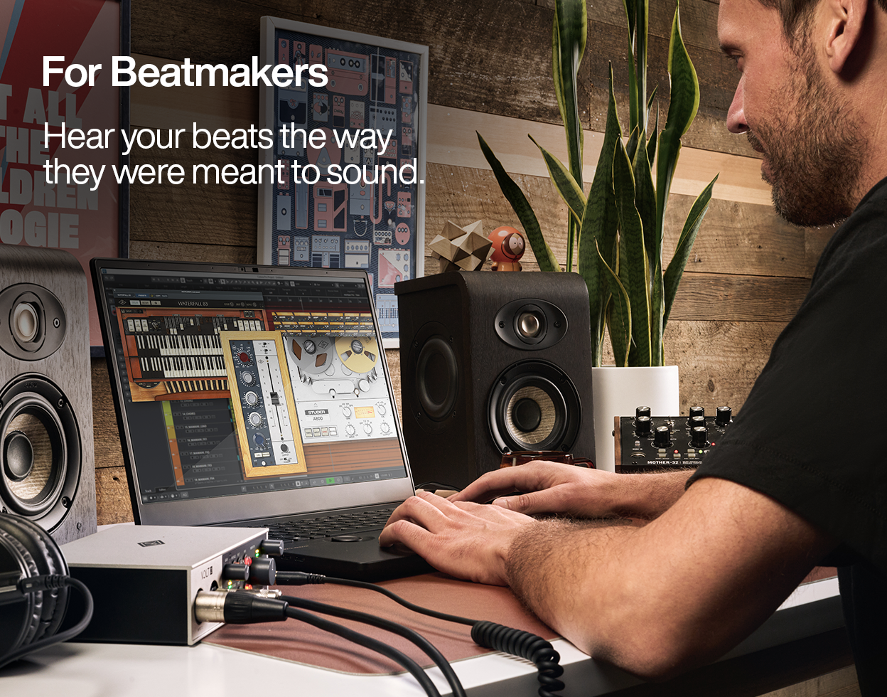 Producer working on beats in LUNA on a laptop connected to a Volt interface, with text reading 'For Beatmakers: Hear your beats the way they were meant to sound'.