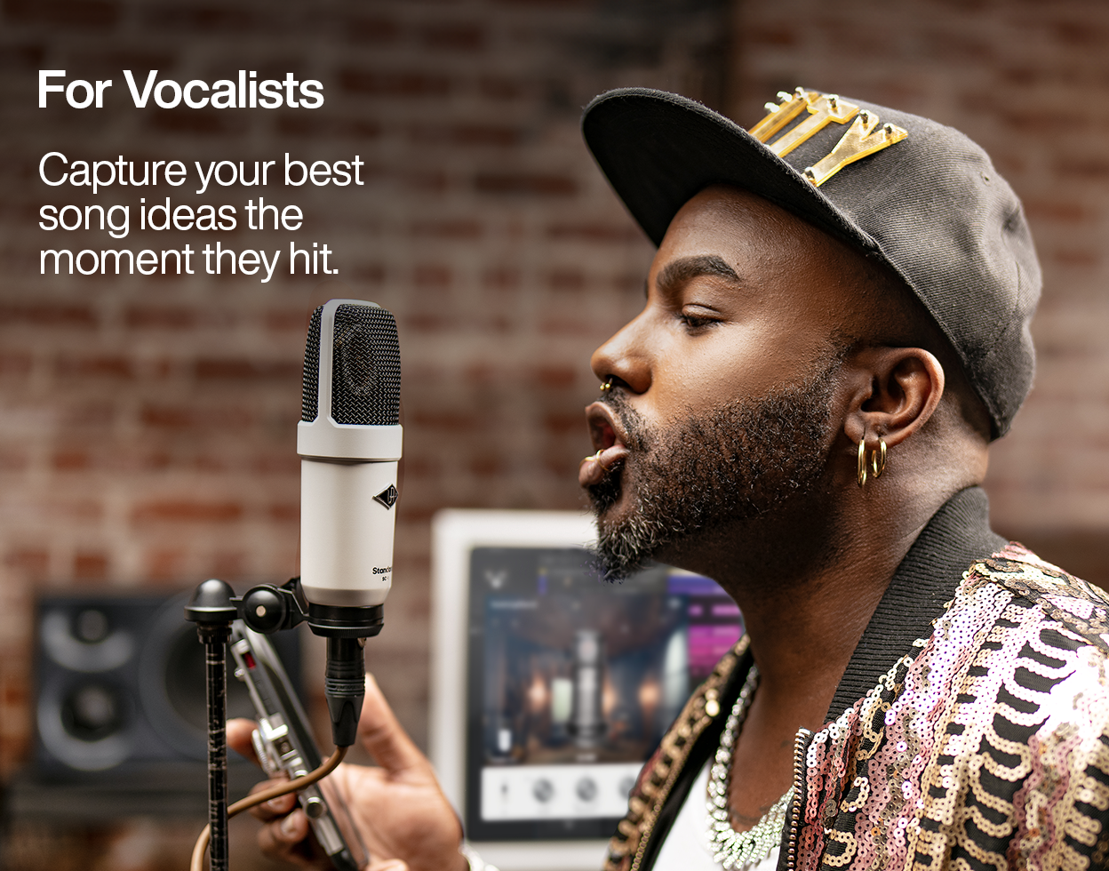 Vocalist singing into a studio microphone connected to a Volt interface, with text reading 'For Vocalists: Capture your best song ideas the moment they hit'.