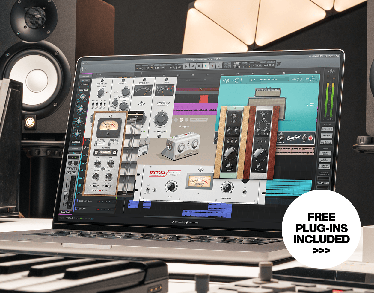 Laptop screen displaying the LUNA DAW session with UAD plug-ins open, including UA 610-A and 610-B, Century Tube Channel Strip, Showtime '64 Tube Amp, Vibe Analog Machines Essentials, and Teletronix LA-2A Tube Compressor with the text "FREE PLUG-INS INCLUDED".