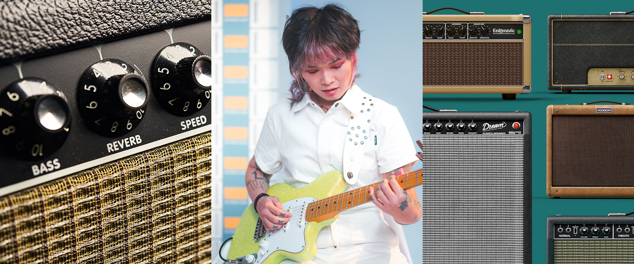 Yvette Young plays in front of a fender amplifier and the paradise guitar studio plug-in